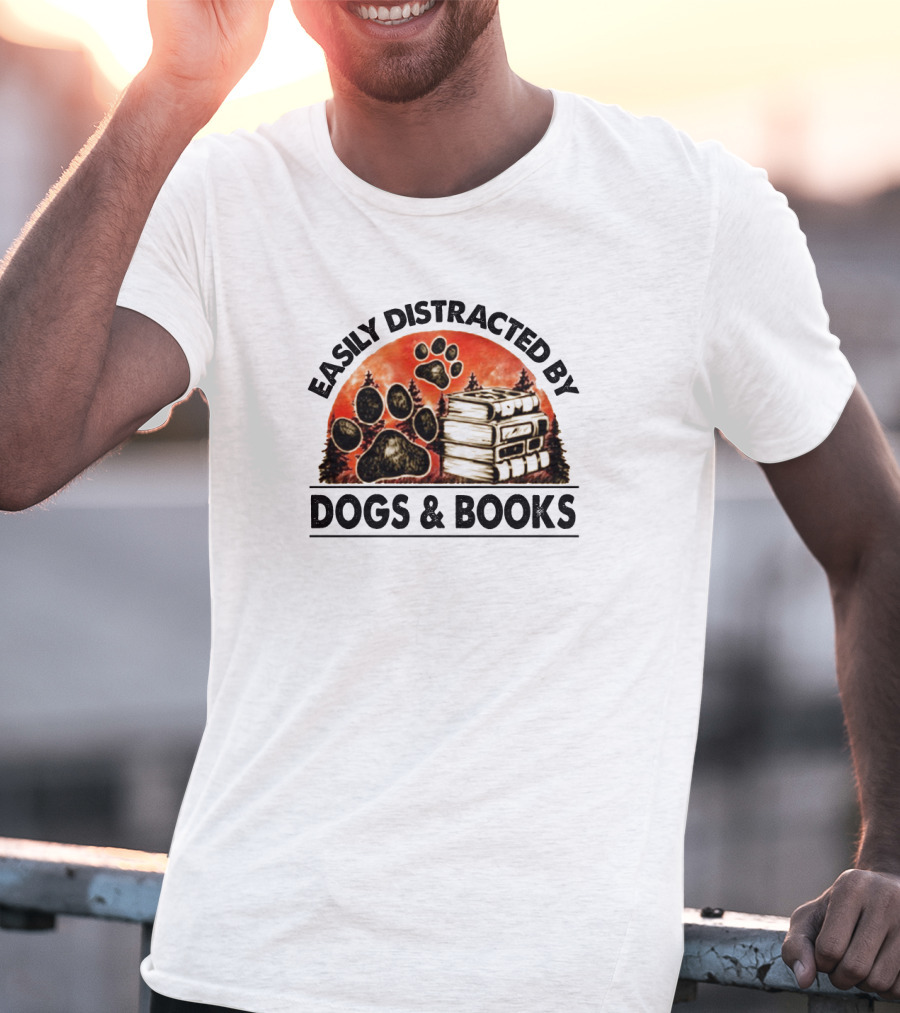 Easily Distracted By Dogs And Books Paw Print Stack T-Shirt