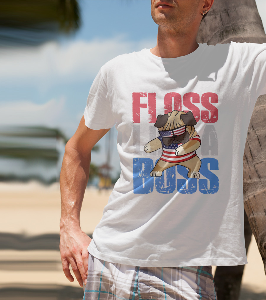 Floss Like A Boss American Flag Bulldog With Sunglasses T-Shirt
