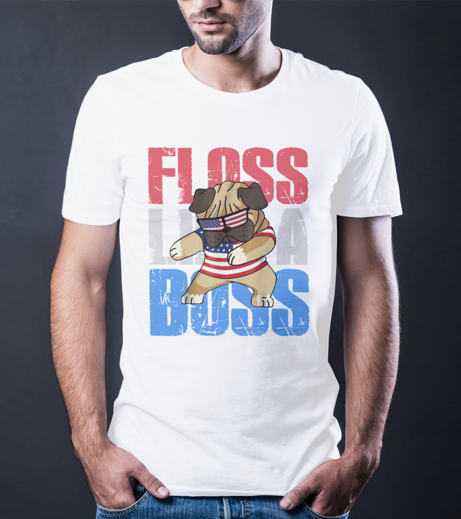 Floss Like A Boss American Flag Bulldog With Sunglasses T-Shirt