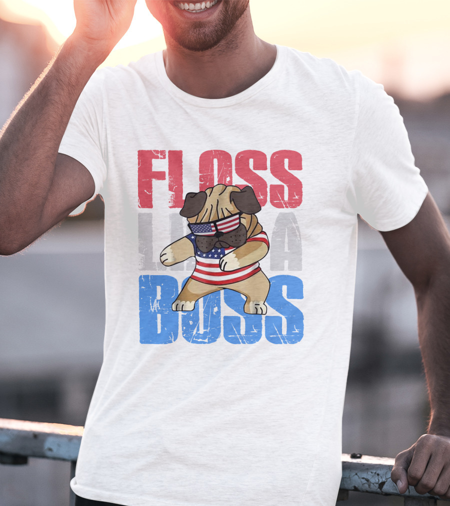 Floss Like A Boss American Flag Bulldog With Sunglasses T-Shirt