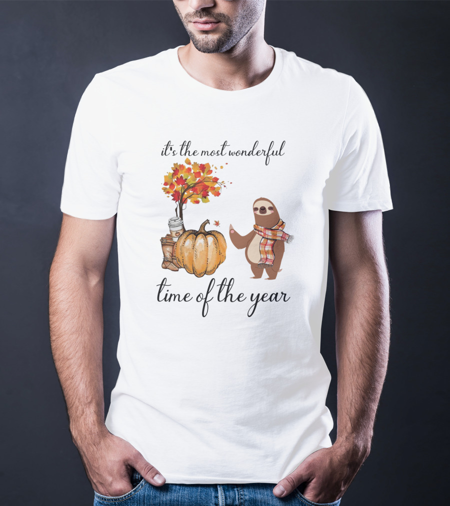 It's The Most Wonderful Time Of The Year Sloths Pumpkin Coffee Leaves Fall T-Shirt