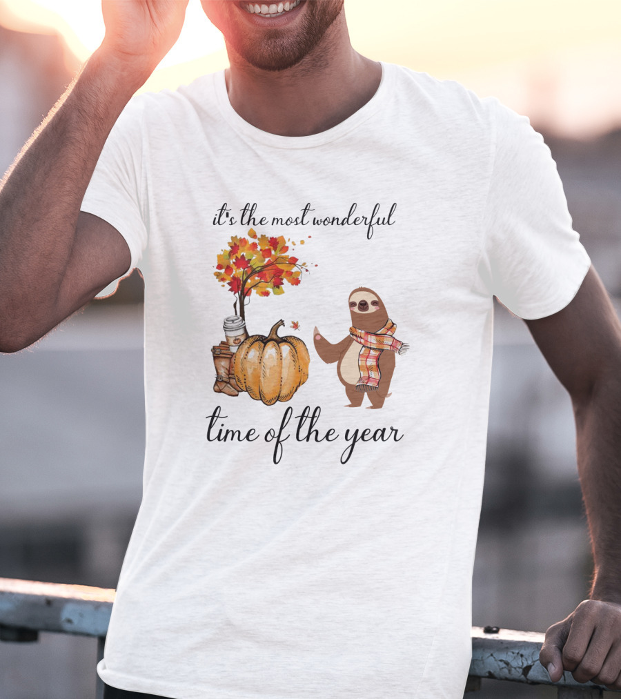 It's The Most Wonderful Time Of The Year Sloths Pumpkin Coffee Leaves Fall T-Shirt