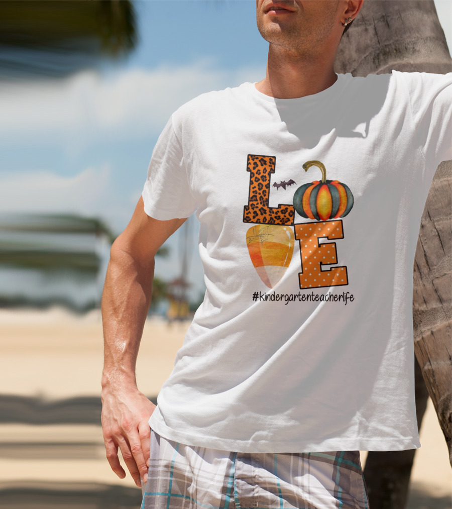 Love Kindergarten Teacher Life Halloween Pumpkin Candy Corn Leopard Print T-Shirt