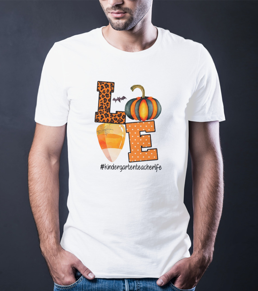 Love Kindergarten Teacher Life Halloween Pumpkin Candy Corn Leopard Print T-Shirt
