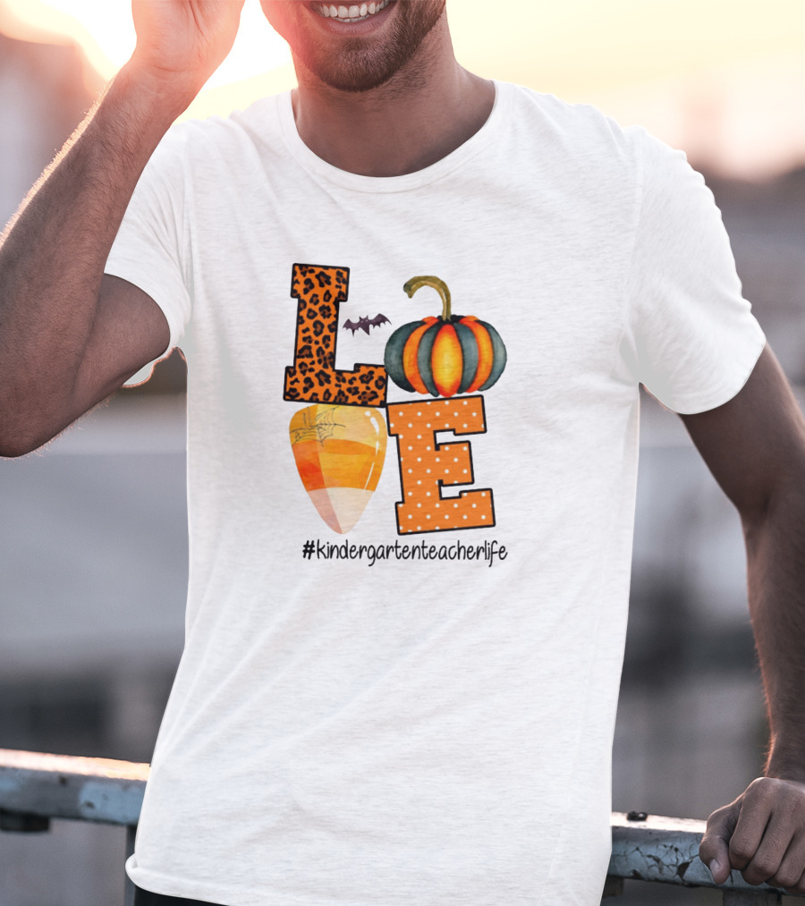 Love Kindergarten Teacher Life Halloween Pumpkin Candy Corn Leopard Print T-Shirt
