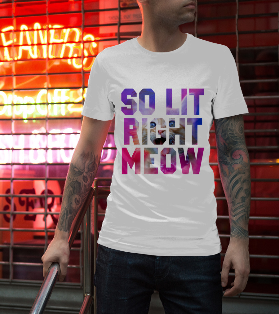 SO LIT RIGHT MEOW Cat Typography T-Shirt