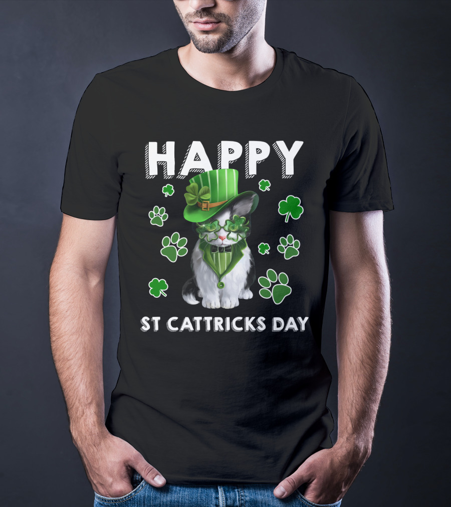 Happy St Cattrick's Day Funny Cats Shamrock T-Shirt