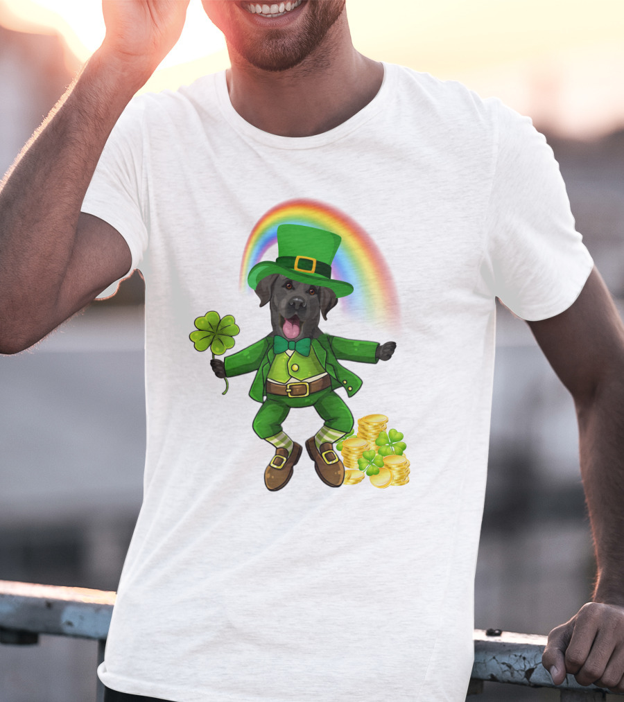 Lucky Irish Dog With Shamrock And Rainbow T-Shirt