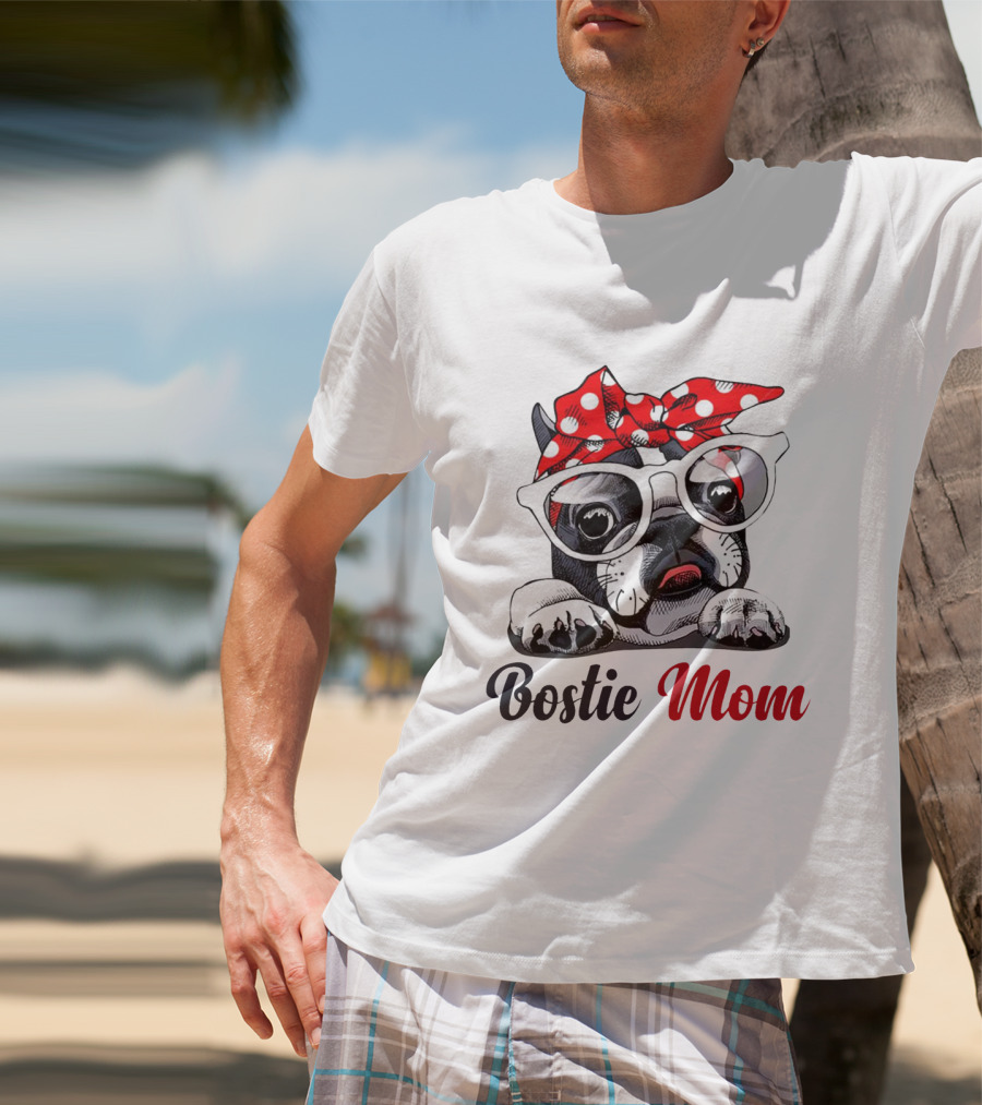 Bostie Mom Glasses And Red Polka Dot Headband Dog T-Shirt