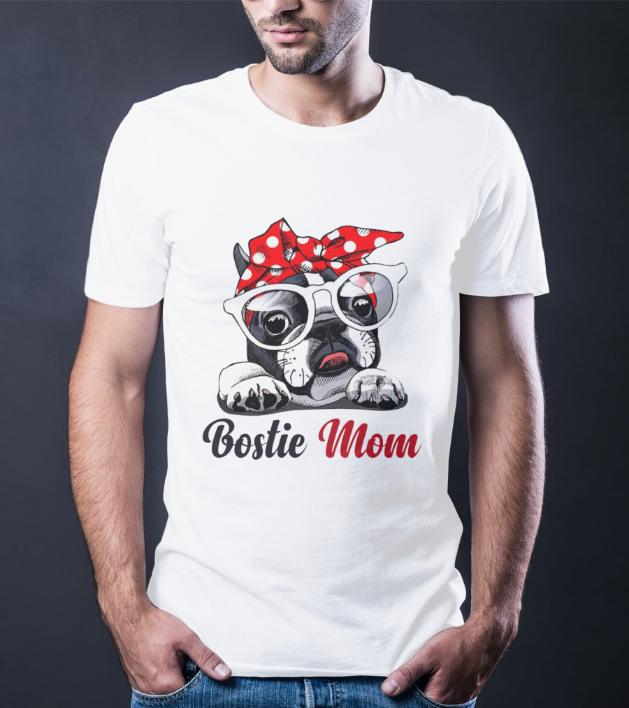 Bostie Mom Glasses And Red Polka Dot Headband Dog T-Shirt