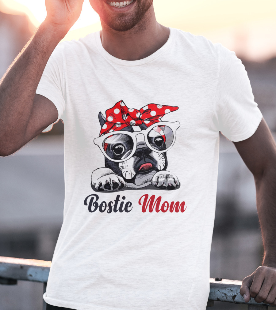Bostie Mom Glasses And Red Polka Dot Headband Dog T-Shirt