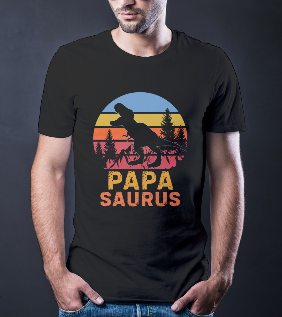 PAPA SAURUS Rex Dinosaur Silhouette Vintage Sunset T-Shirt