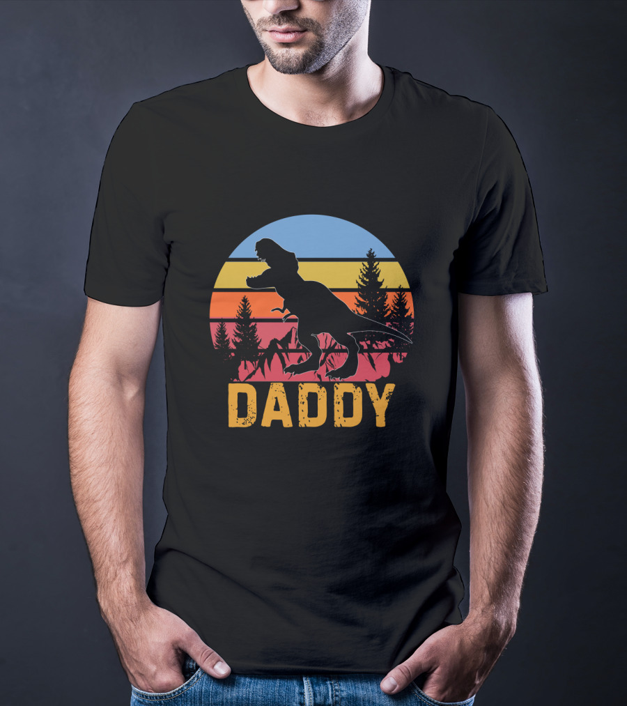 Daddy Saurus Dinosaur Sunset Silhouette Retro Vintage T-Shirt