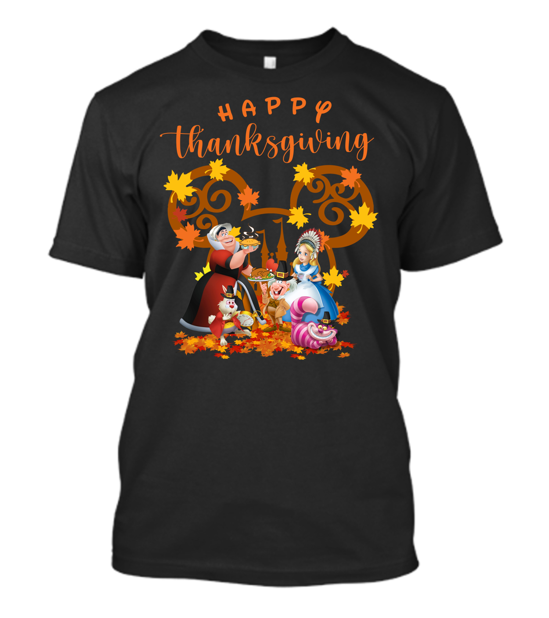 Happy Thanksgiving Alice Queen Mad Hatter Cheshire Cat Leaves T-Shirt