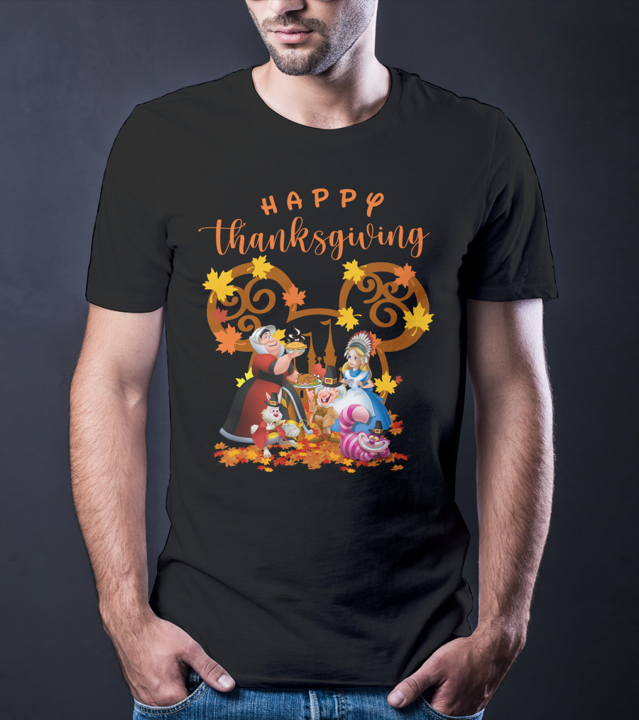Happy Thanksgiving Alice Queen Mad Hatter Cheshire Cat Leaves T-Shirt