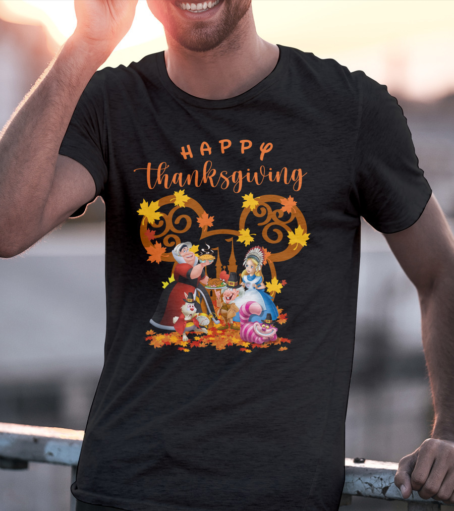 Happy Thanksgiving Alice Queen Mad Hatter Cheshire Cat Leaves T-Shirt