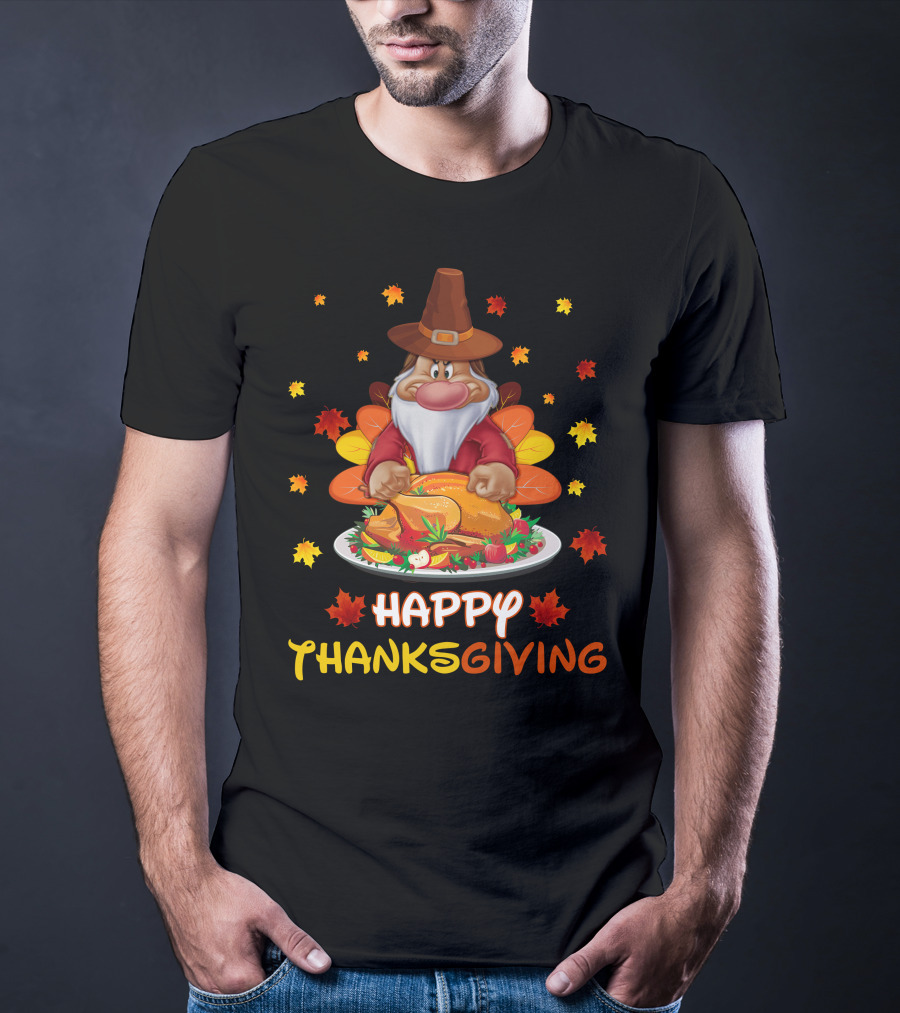 Happy Thanksgiving Grumpy Dwarf Pilgrim With Feast And Fall Leaves T-Shirt