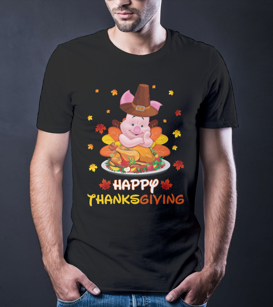 Happy Thanksgiving Piglet Feast With Autumn Leaves And Pilgrim Hat T-Shirt
