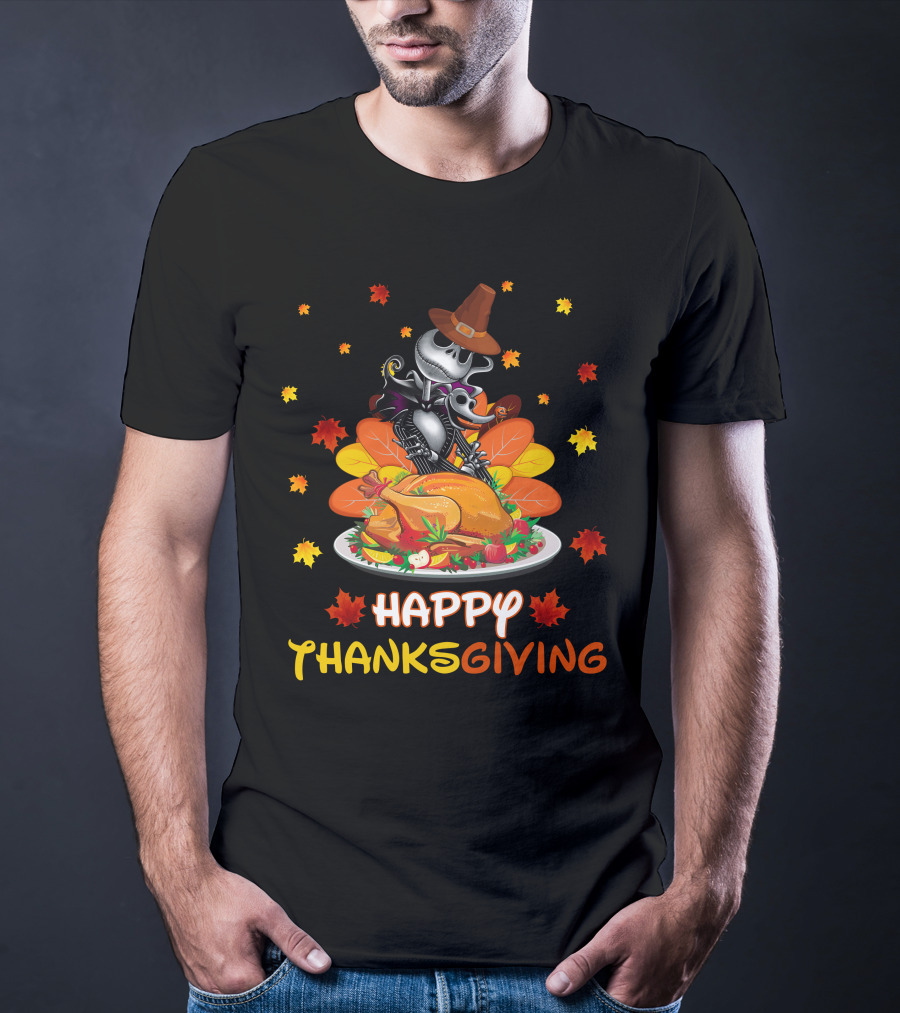 Happy Thanksgiving Skeleton With Turkey And Autumn Leaves T-Shirt