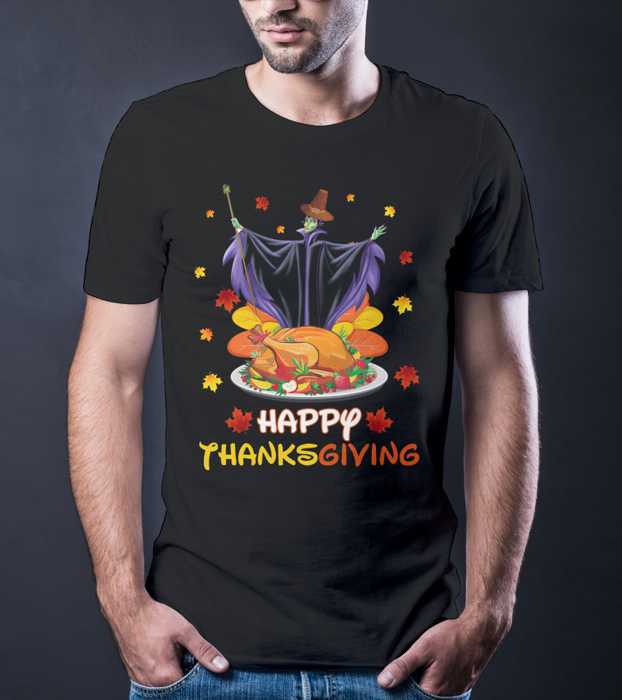 Happy Thanksgiving Maleficent Turkey Feast Magic Leaves T-Shirt