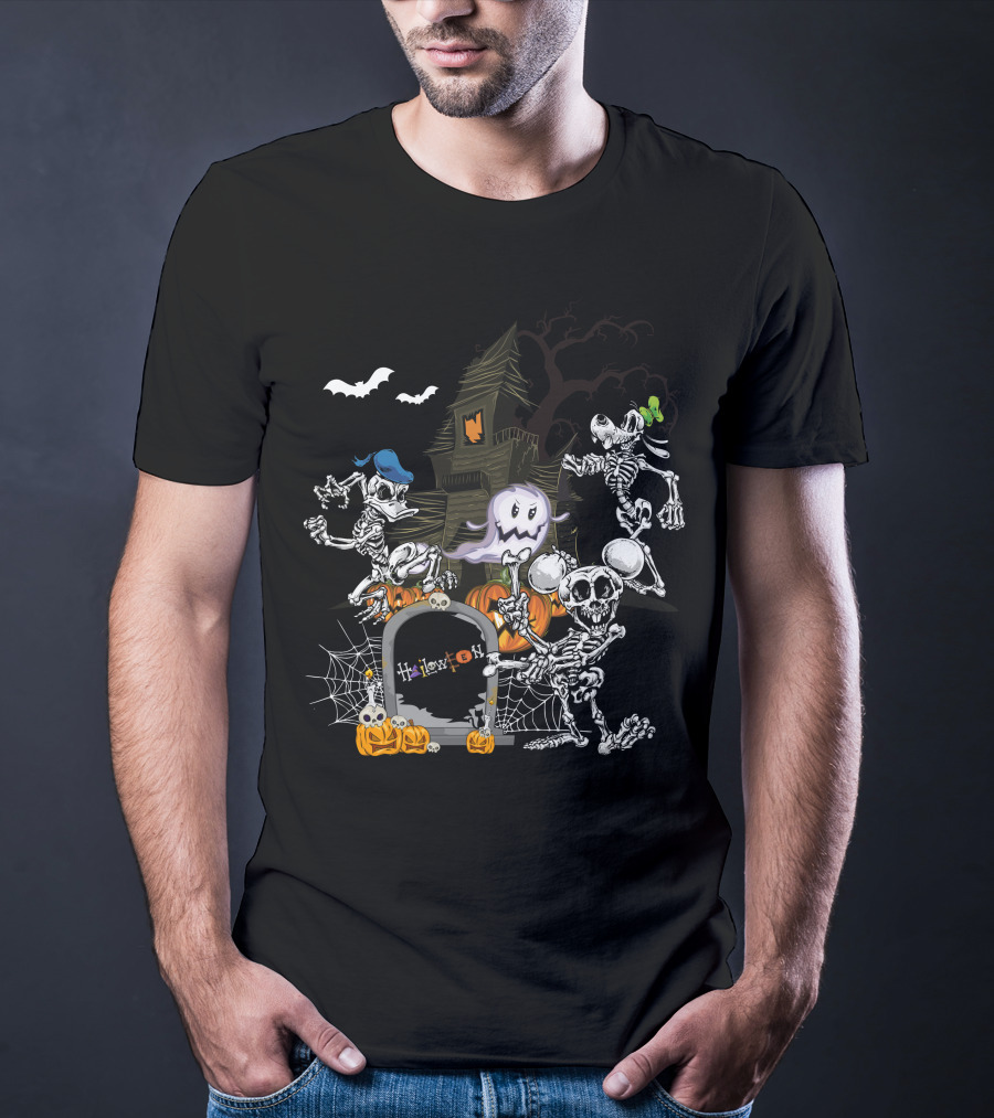 Haunted House Skeleton Dance With Ghost Webs Pumpkins And Bats Halloween T-Shirt