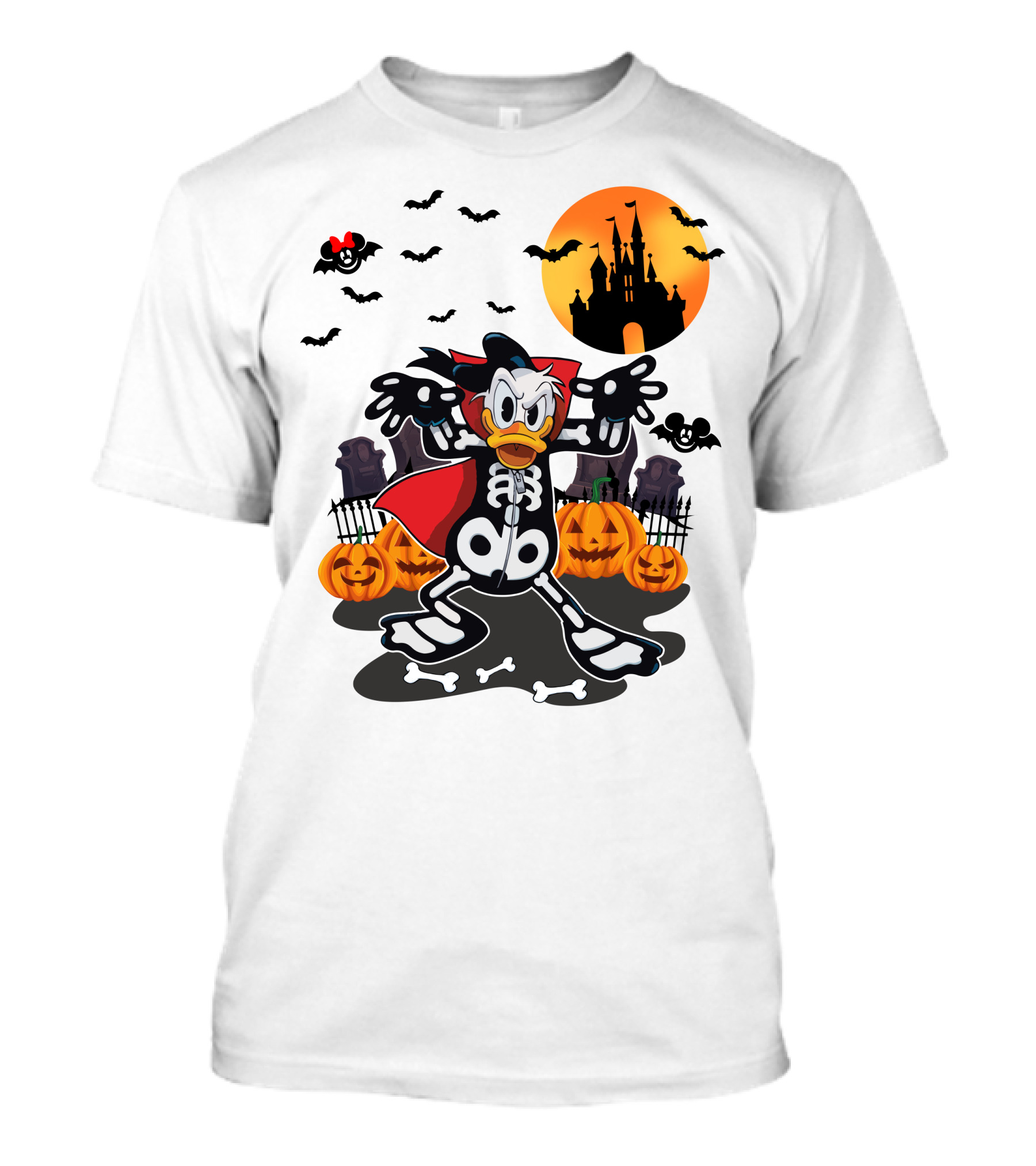 Donald Duck Halloween Skeleton Costume With Bats And Castle T-Shirt
