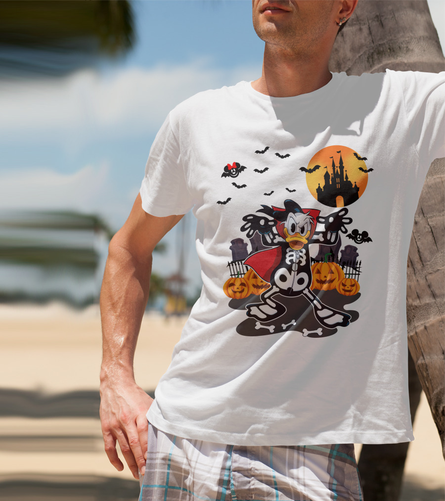 Donald Duck Halloween Skeleton Costume With Bats And Castle T-Shirt