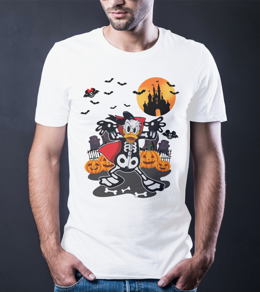 Donald Duck Halloween Skeleton Costume With Bats And Castle T-Shirt