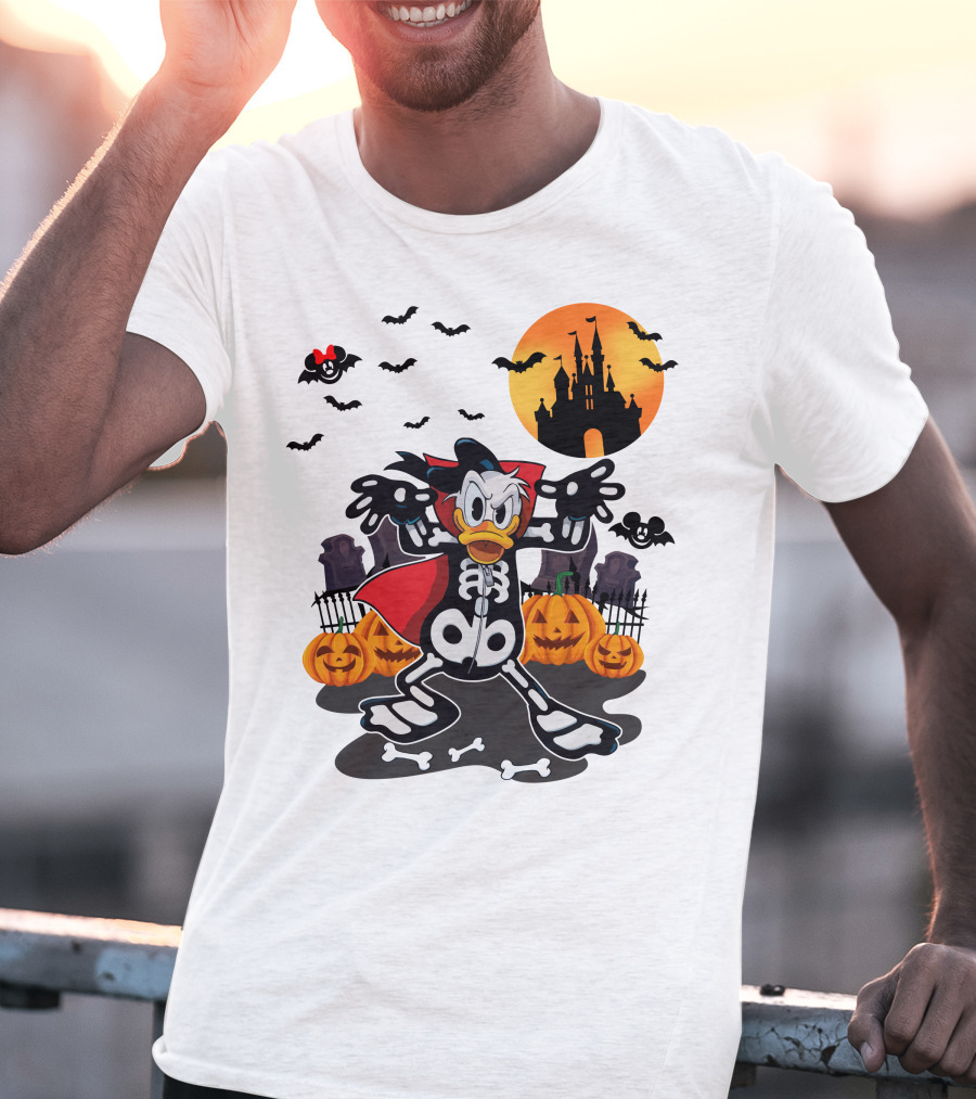 Donald Duck Halloween Skeleton Costume With Bats And Castle T-Shirt