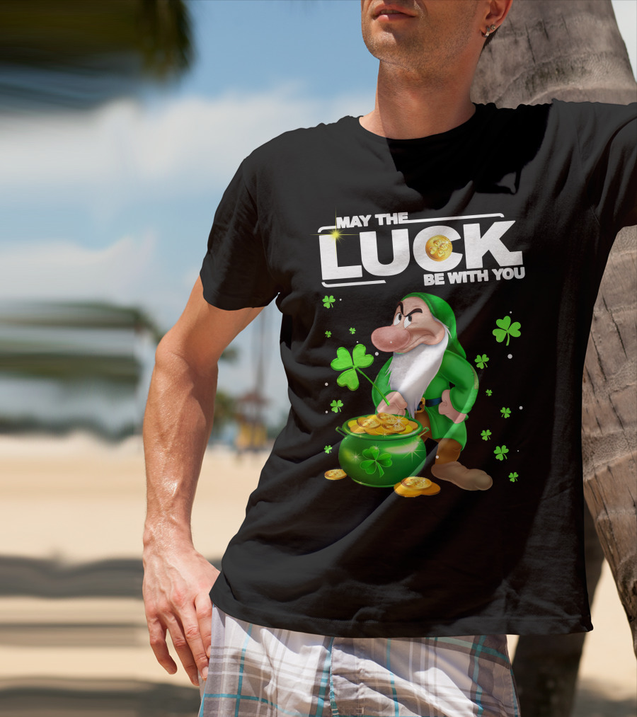 MAY THE LUCK BE WITH YOU Grumpy Gnome With Coins And Clovers T-Shirt