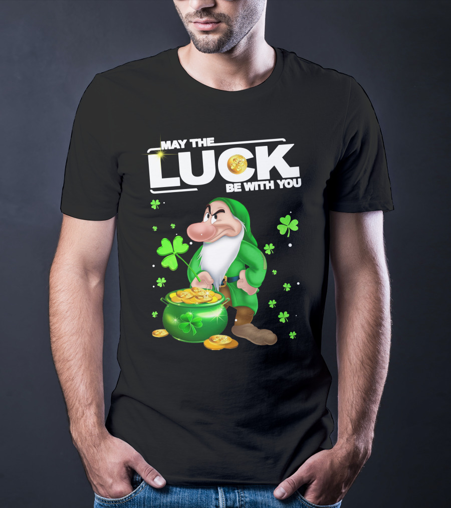 MAY THE LUCK BE WITH YOU Grumpy Gnome With Coins And Clovers T-Shirt