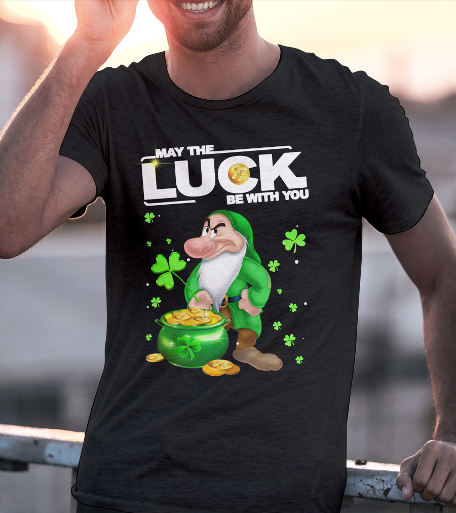MAY THE LUCK BE WITH YOU Grumpy Gnome With Coins And Clovers T-Shirt