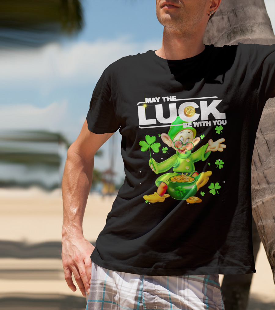 MAY THE LUCK BE WITH YOU Green Leprechaun With Gold Coins And Shamrocks T-Shirt