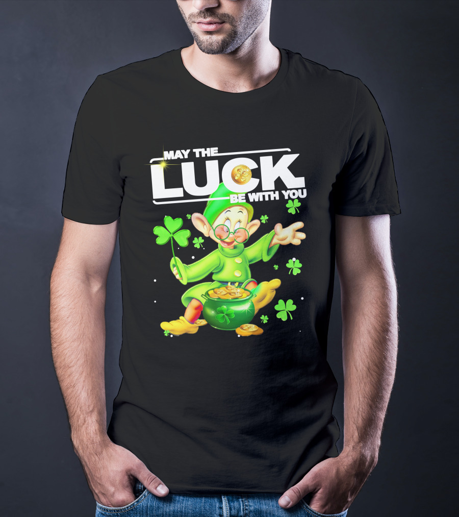 MAY THE LUCK BE WITH YOU Green Leprechaun With Gold Coins And Shamrocks T-Shirt