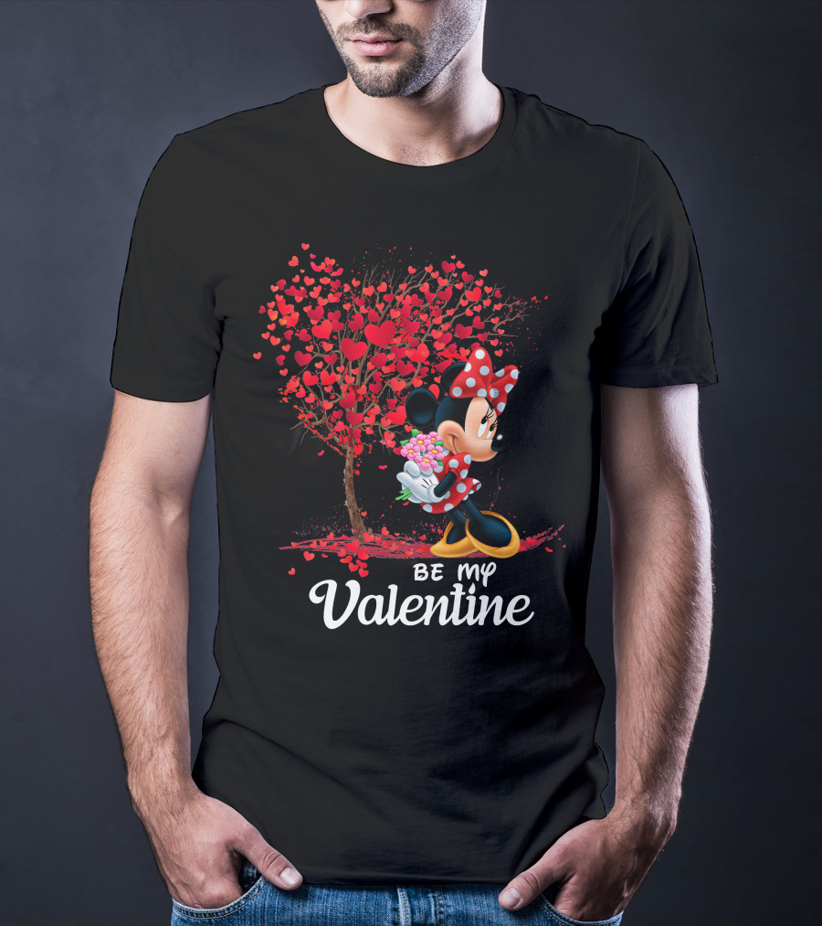 Be My Valentine Minnie With Heart Tree And Flowers T-Shirt