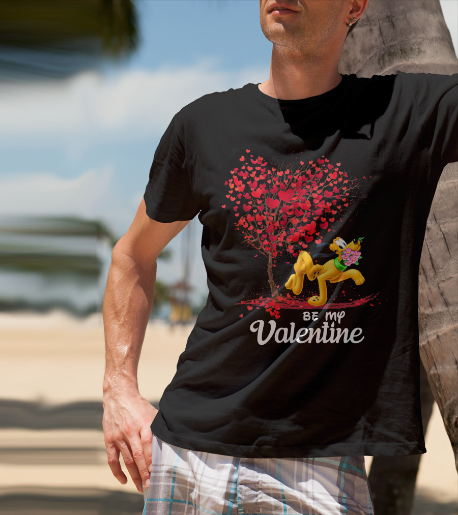 Be My Valentine Pluto With Heart Tree And Flowers T-Shirt