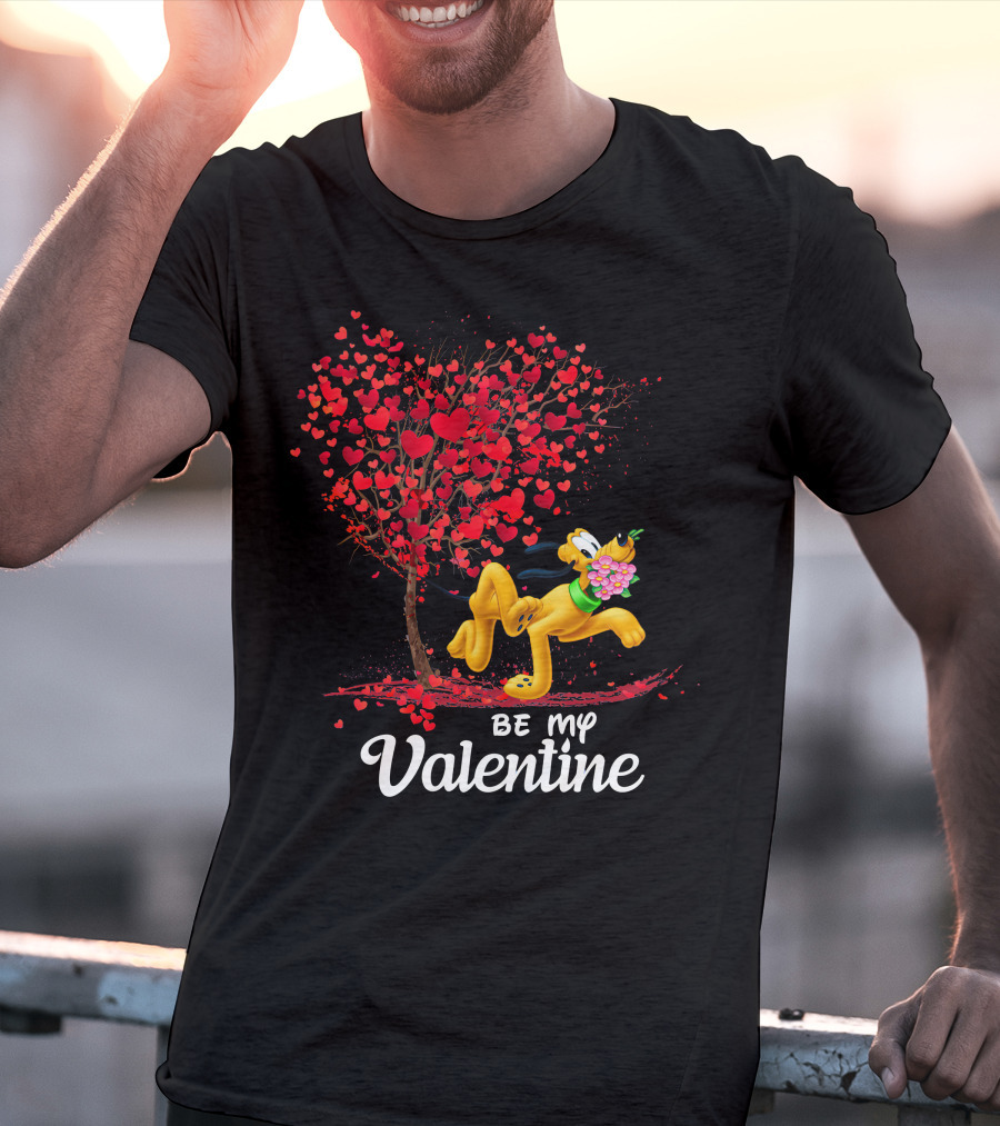 Be My Valentine Pluto With Heart Tree And Flowers T-Shirt