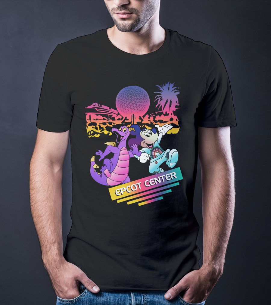 EPCOT CENTER Figment And Mickey Spaceship Earth Retro Spectrum Colors T-Shirt