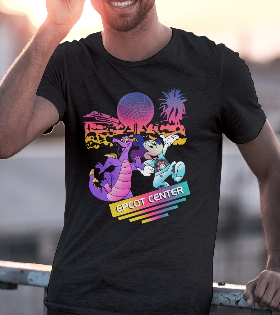 EPCOT CENTER Figment And Mickey Spaceship Earth Retro Spectrum Colors T-Shirt