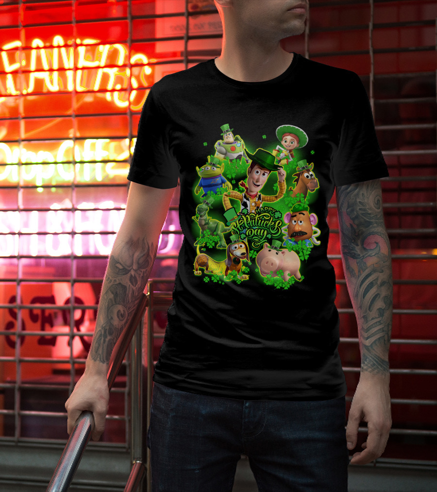 Happy St. Patrick's Day Toy Story Characters In Green Outfits With Shamrocks T-Shirt