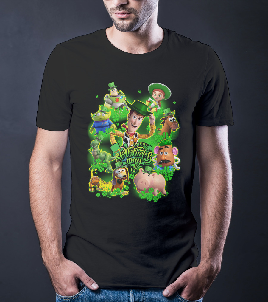 Happy St. Patrick's Day Toy Story Characters In Green Outfits With Shamrocks T-Shirt
