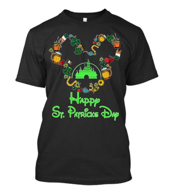 Happy St. Patrick's Day Disney Castle With Shamrock And Beer Icons T-Shirt