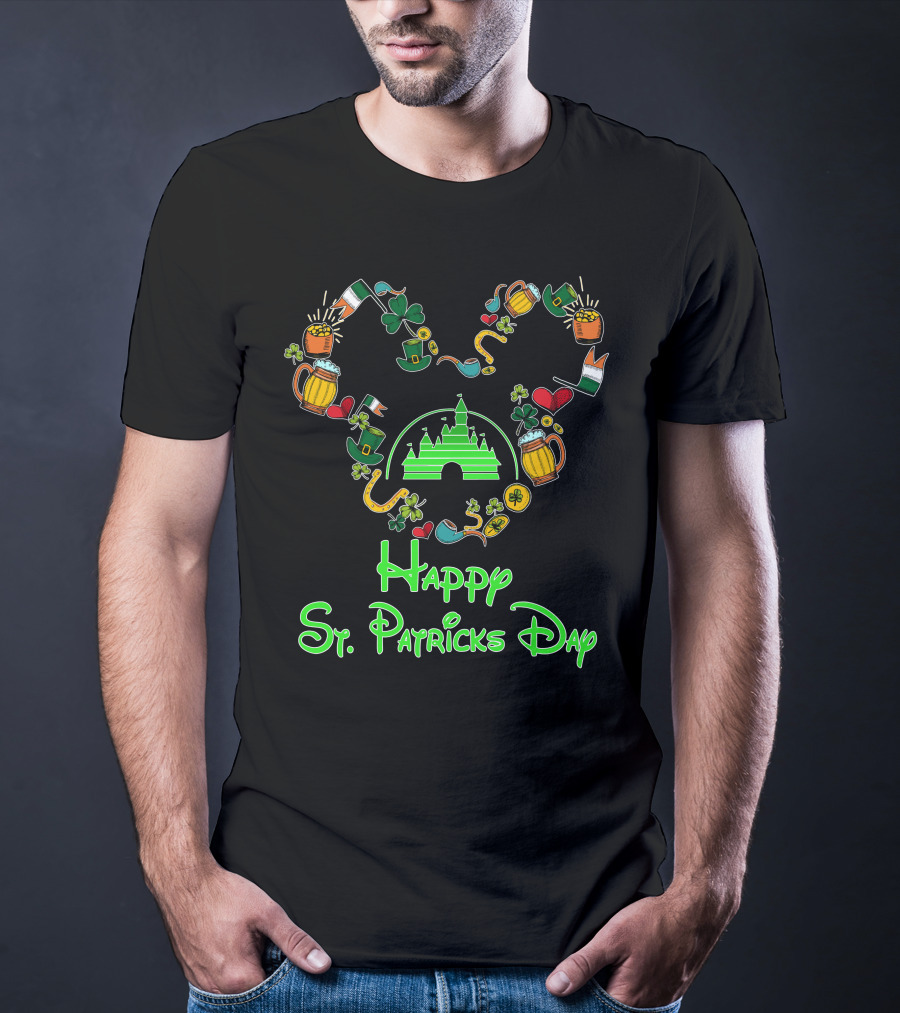 Happy St. Patrick's Day Disney Castle With Shamrock And Beer Icons T-Shirt