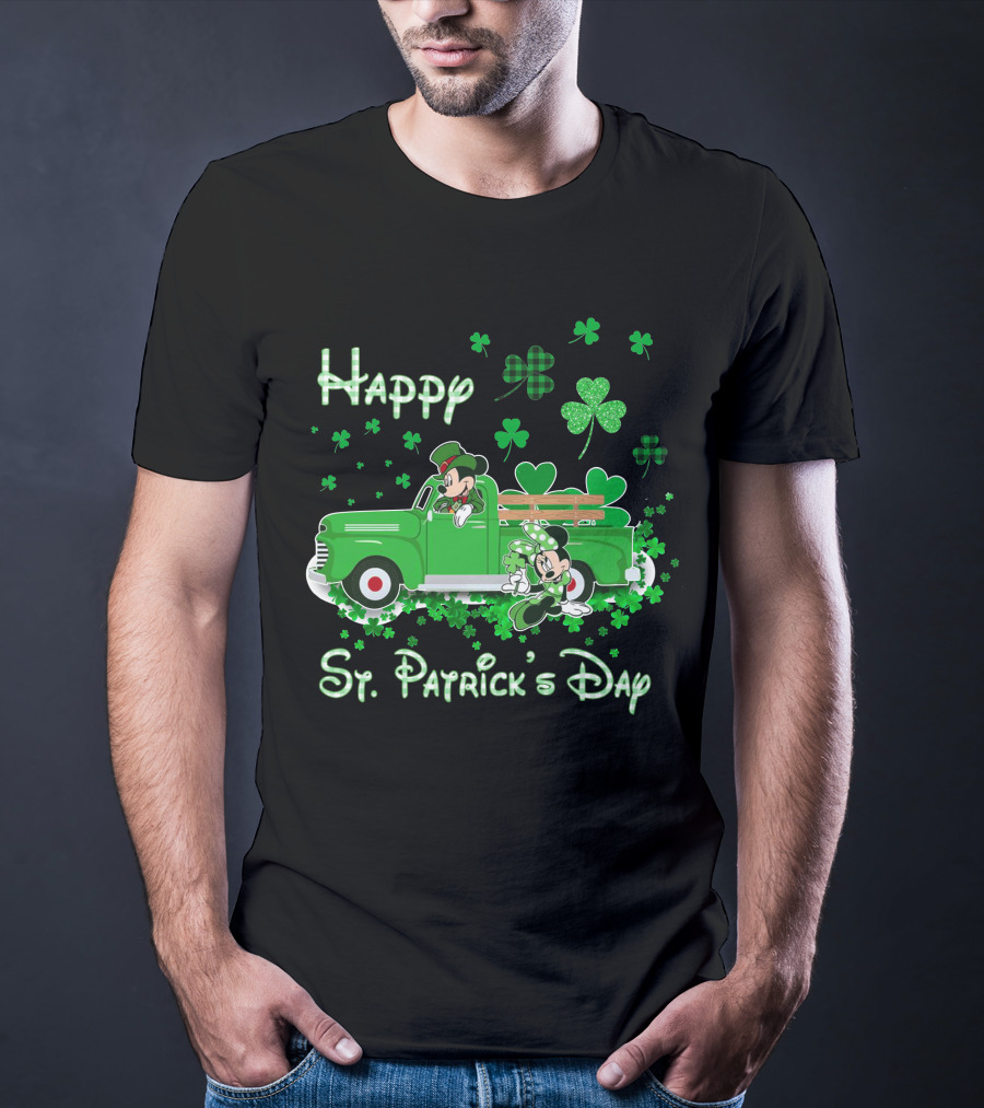 Happy St. Patrick's Day Mickey Mouse Green Truck Shamrocks T-Shirt