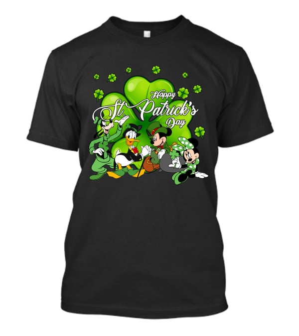 Happy St. Patrick's Day Mickey Mouse Donald Duck Goofy Minnie Mouse With Shamrocks T-Shirt