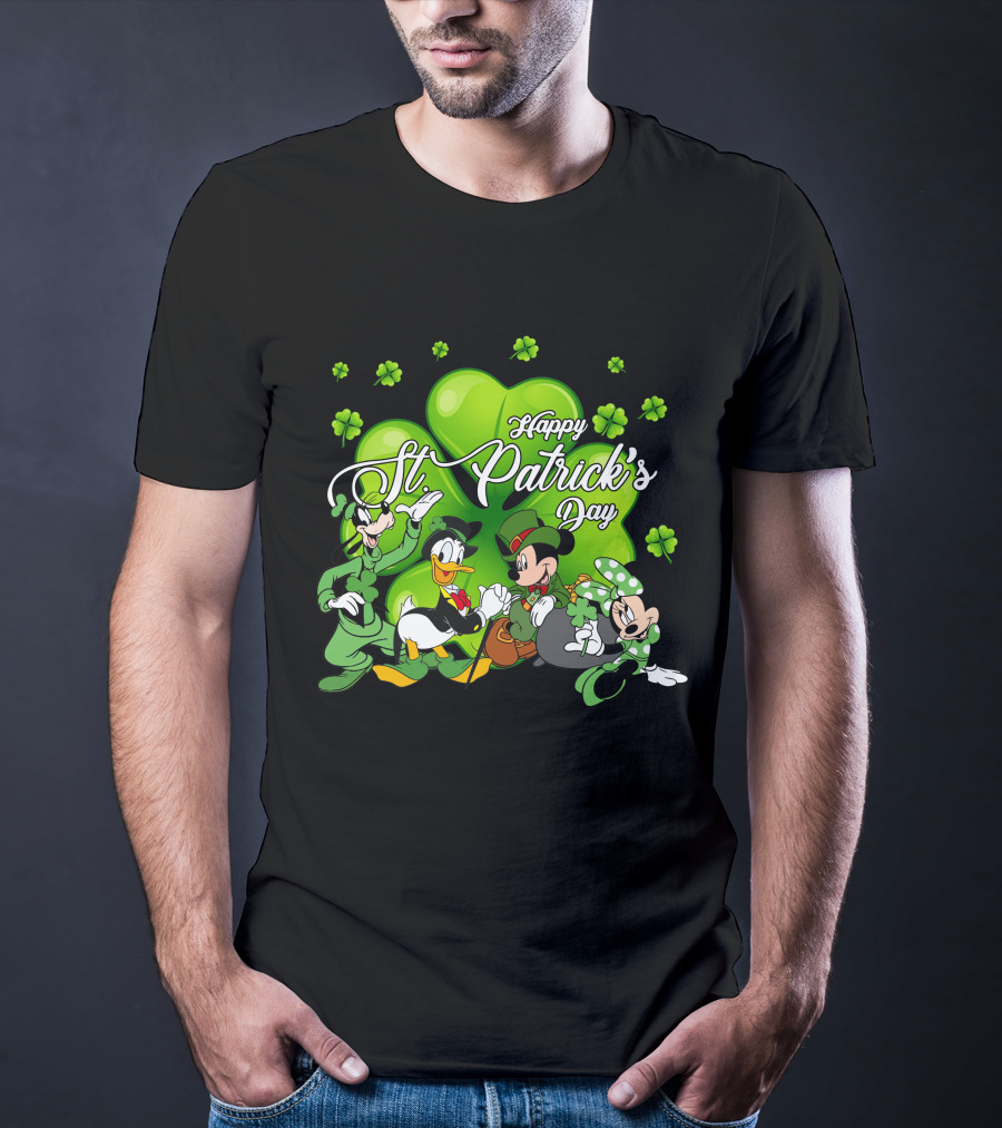 Happy St. Patrick's Day Mickey Mouse Donald Duck Goofy Minnie Mouse With Shamrocks T-Shirt
