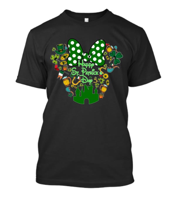 Happy St. Patrick's Day Minnie Mouse Bow Green Castle And Irish Symbols T-Shirt