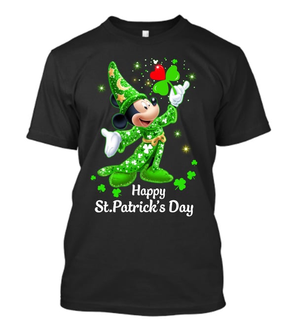 Happy St. Patrick's Day Mickey In Green Wizard Cloak With Clover Magic T-Shirt