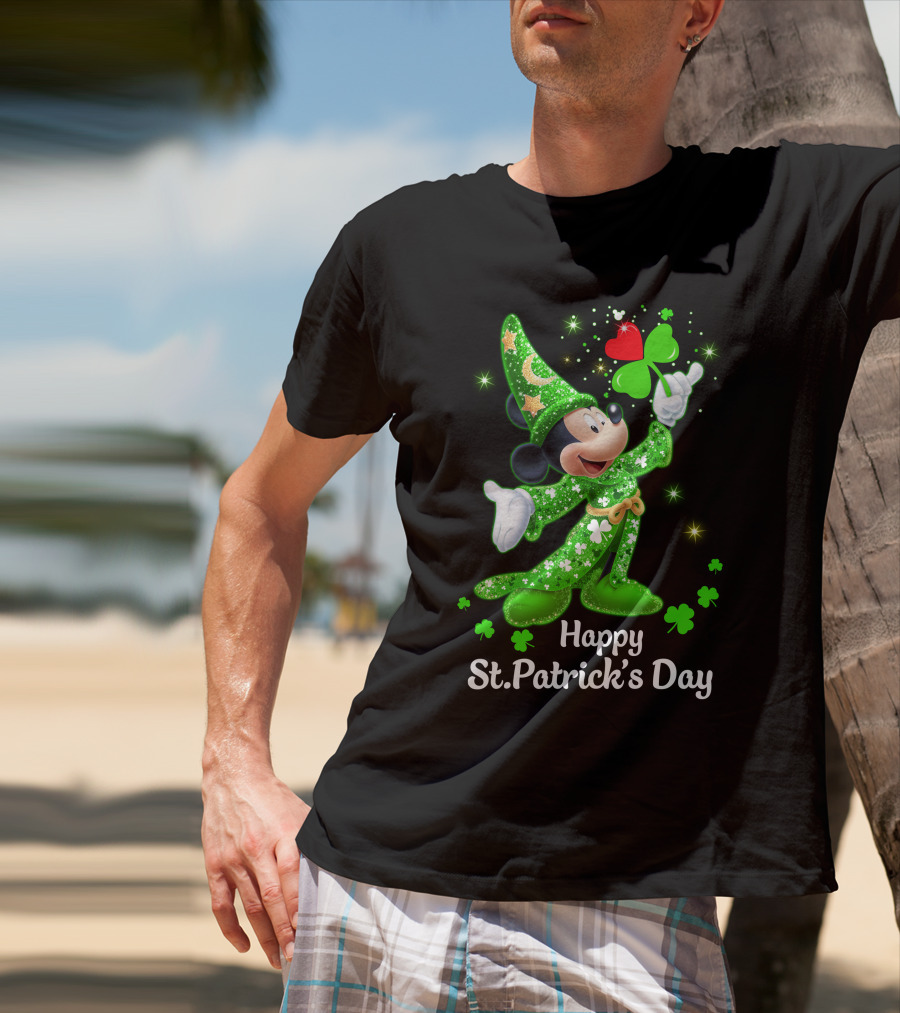 Happy St. Patrick's Day Mickey In Green Wizard Cloak With Clover Magic T-Shirt