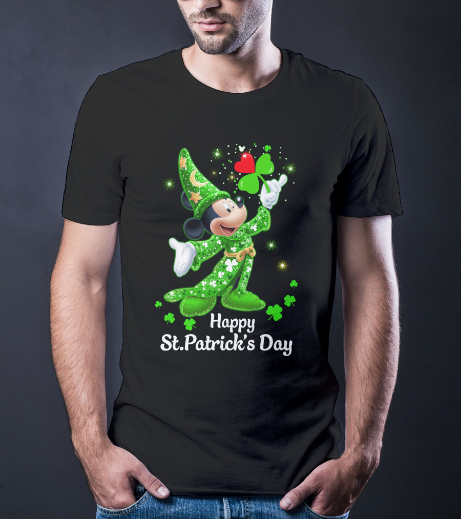 Happy St. Patrick's Day Mickey In Green Wizard Cloak With Clover Magic T-Shirt
